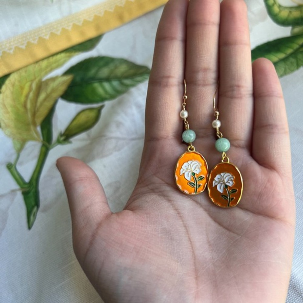 Chrysoprase Mint Orange White Magnolia Peony Jasmine Lily Flower Earrings Fun